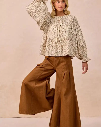 BiBi Floral Printed Peplum Blouse with Shirring and Tied - Sleekdenim.com