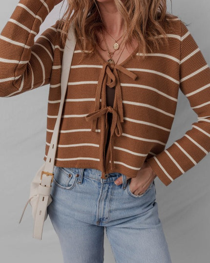 Stripe Tie-Front V-Neck Cardigan Sweater - Sleekdenim.com