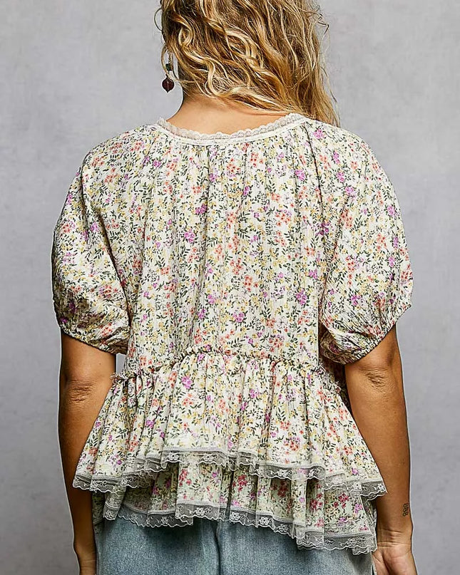 POL Floral Short Balloon Sleeve Ruffled Blouse - Sleekdenim.com