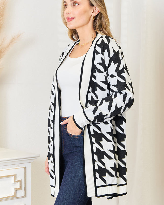 Mandy Woven Right Houndstooth Open Front Longline Cardigan - Sleekdenim.com
