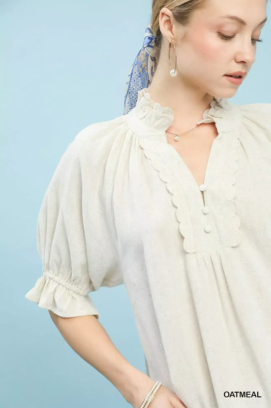 Umgee Linen Scalloped Ruffle Neck Blouse - Sleekdenim.com
