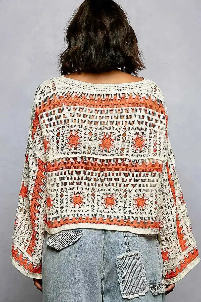 POL Boat Neck Long Sleeve Crochet Top with Granny Square Weaving - Sleekdenim.com