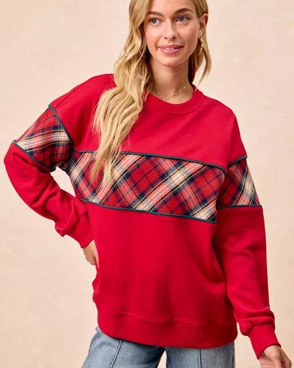 BiBi Christmas Theme Plaid Block Sweatshirt with Binding - Sleekdenim.com