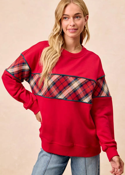 BiBi Christmas Theme Plaid Block Sweatshirt with Binding - Sleekdenim.com