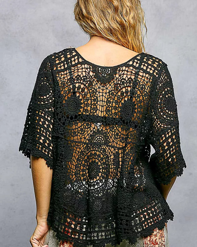 POL V-Neck Crochet Top with Scalloped Hem - Sleekdenim.com