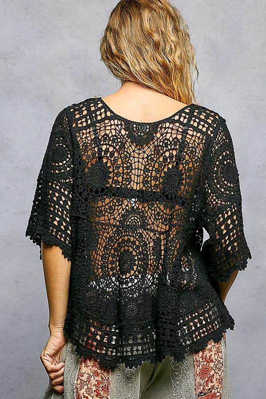 POL V-Neck Crochet Top with Scalloped Hem - Sleekdenim.com