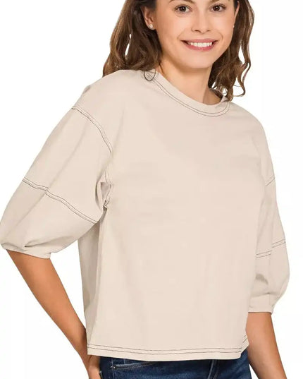 Zenana Balloon Sleeve Top with Contrast Stitching - Sleekdenim.com