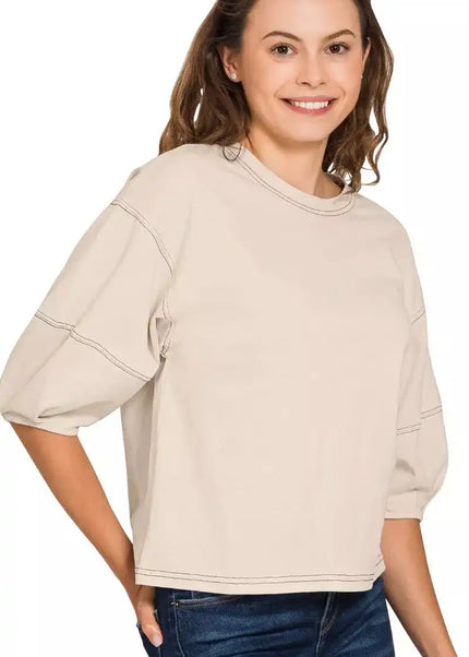 Zenana Balloon Sleeve Top with Contrast Stitching - Sleekdenim.com