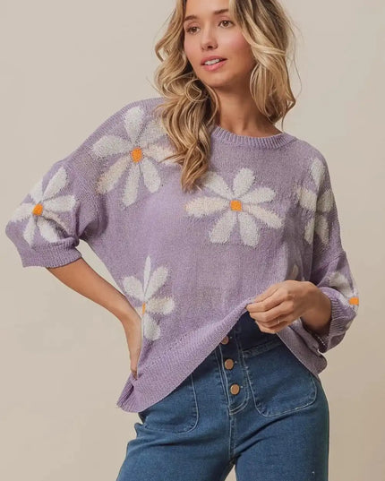 BiBi Floral Pattern Slit Sweater - Sleekdenim.com