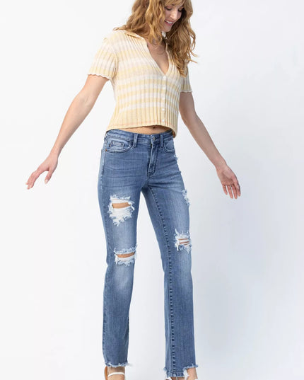 Judy Blue Full Size Mid Rise Destroy Straight Jeans Plus Size - Sleekdenim.com