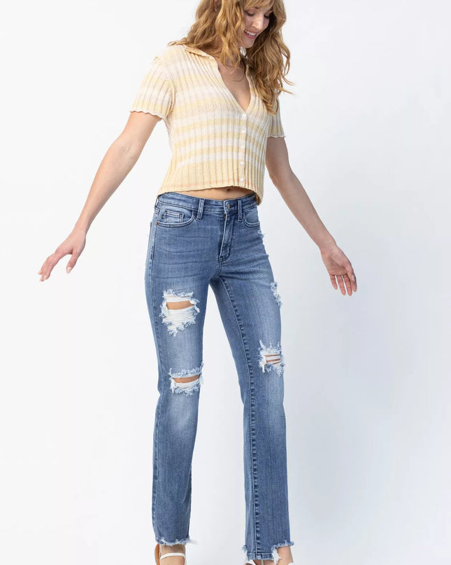 Judy Blue Full Size Mid Rise Destroy Straight Jeans Plus Size - Sleekdenim.com