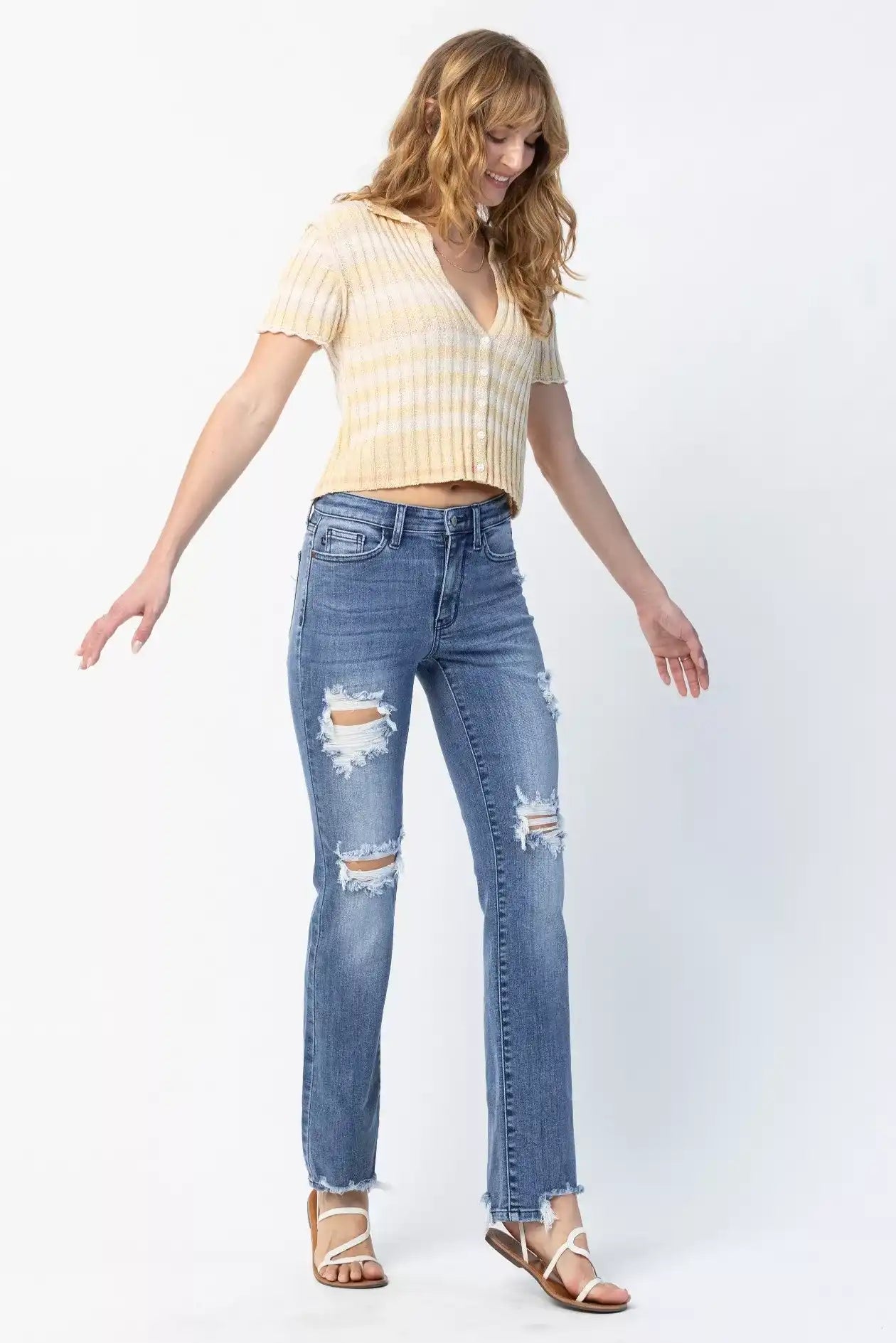 Judy Blue Mid Rise Destroy Straight Jeans 82425 - Sleekdenim.com