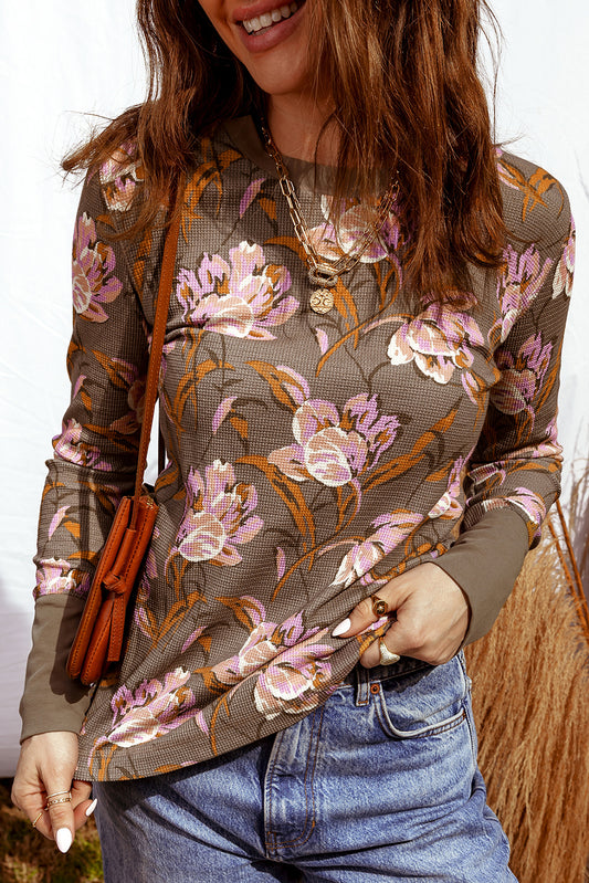 Brown Floral Print Waffle Textured Long Sleeve Top - 1