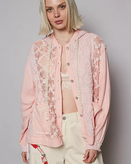 POL Exposed Seam Button Down Hooded Jacket with Lace Detail - Sleekdenim.com