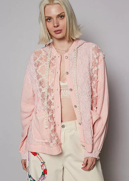 POL Exposed Seam Button Down Hooded Jacket with Lace Detail - Sleekdenim.com