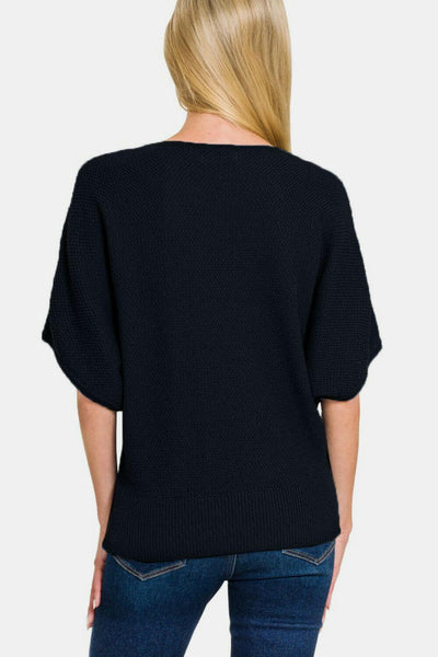 Zenana V-Neck Short Sleeve Dolman Sweater Black