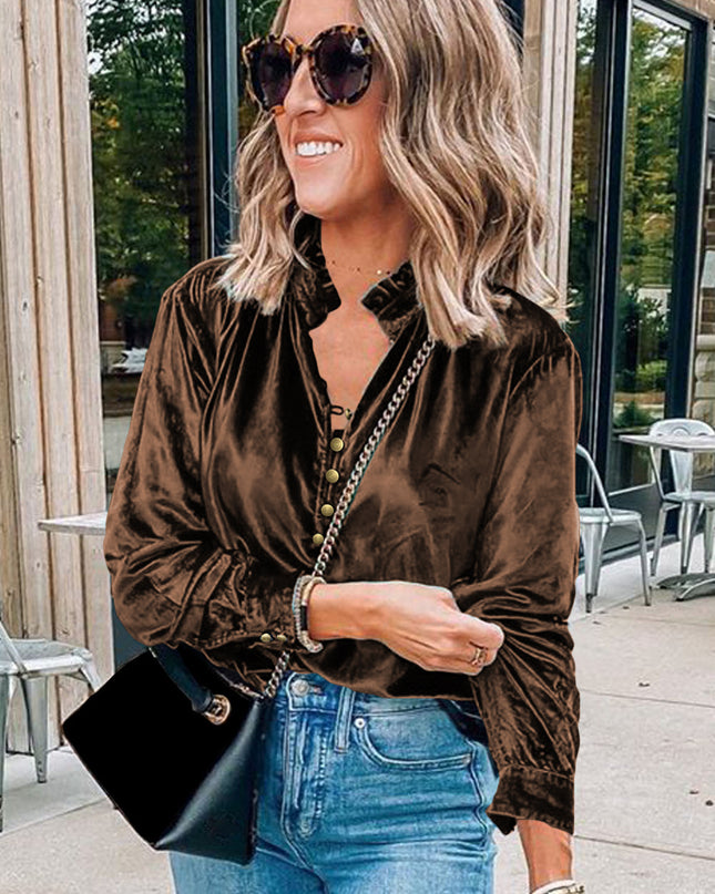 Red Frilled Buttoned V Neck Velvet Blouse