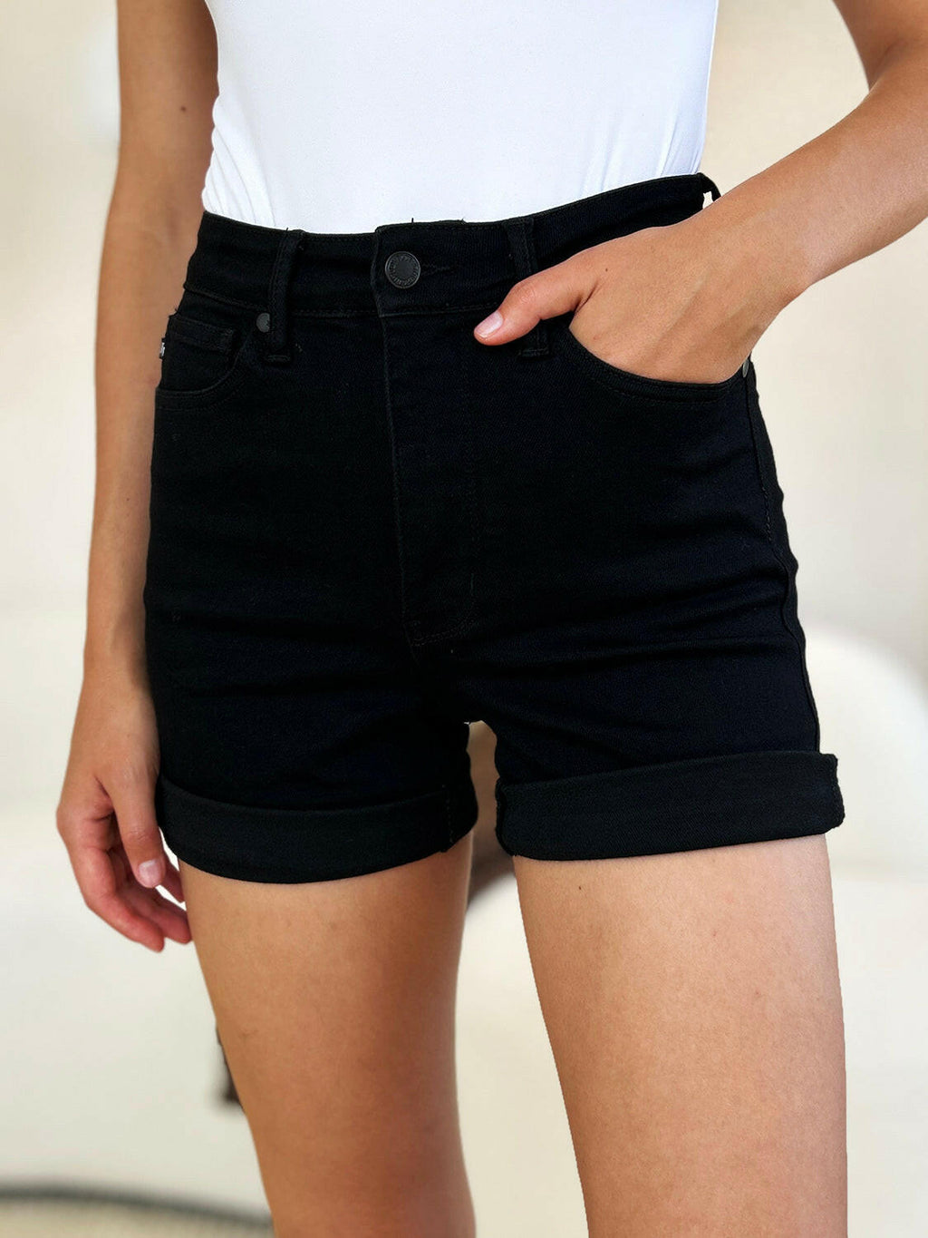 Judy Blue Full Size High Waist Tummy Control Cuffed Denim Shorts.