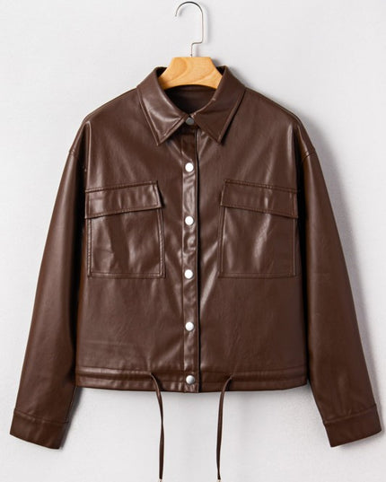 Leather Drawstring Hem Pocketed Jacket - Sleekdenim.com
