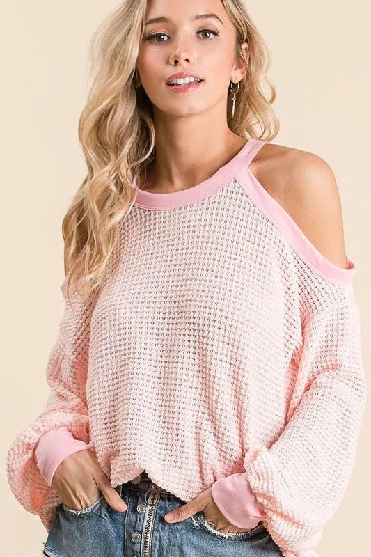 BiBi Popcorn Waffle Top with Cold Shoulder Detail - Sleekdenim.com