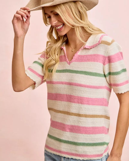 BiBi Multi Colors Stripes Collared Knit Top - Sleekdenim.com