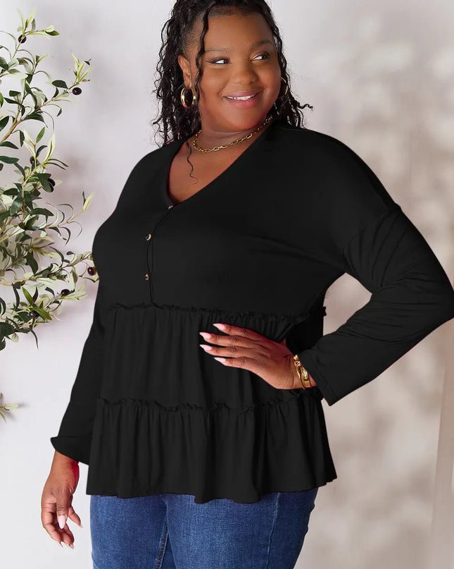 Double Take Half Button Long Sleeve Ruffle Hem Blouse - Sleekdenim.com