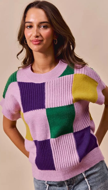 SO ME Mardi Gras Check Plaid Casual Sweater Top - 1