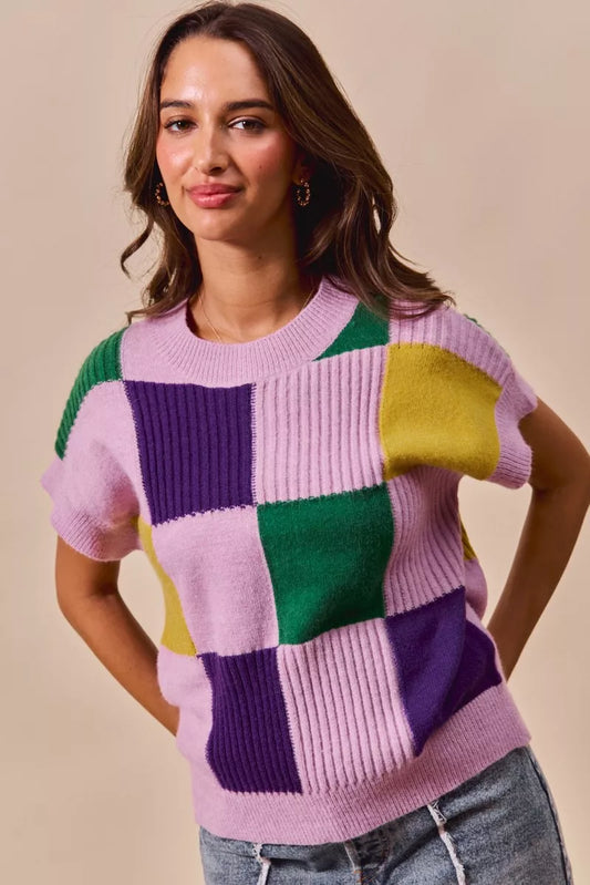 SO ME Mardi Gras Check Plaid Casual Sweater Top - 1