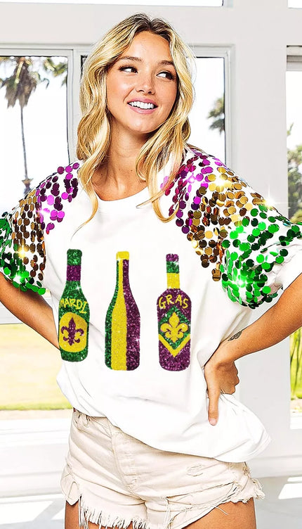 BiBi Sequin Mardi Gras Bottles Spangled Sleeve Top - 3