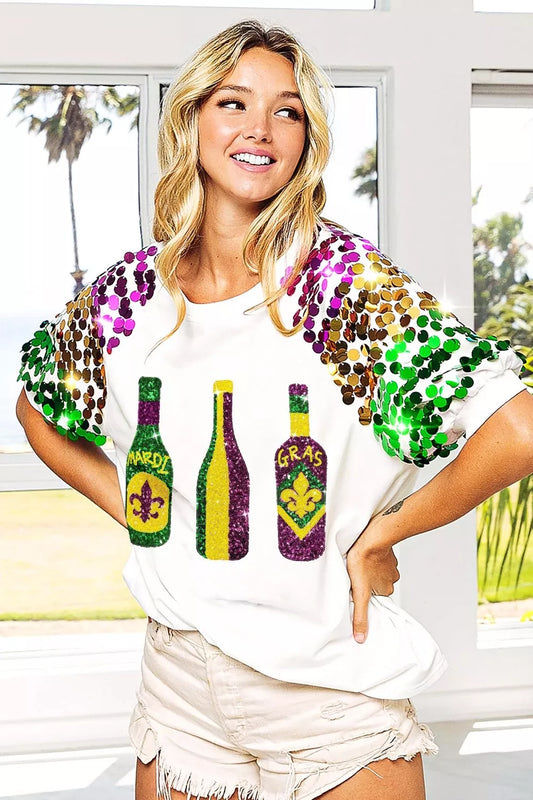 BiBi Sequin Mardi Gras Bottles Spangled Sleeve Top - 3
