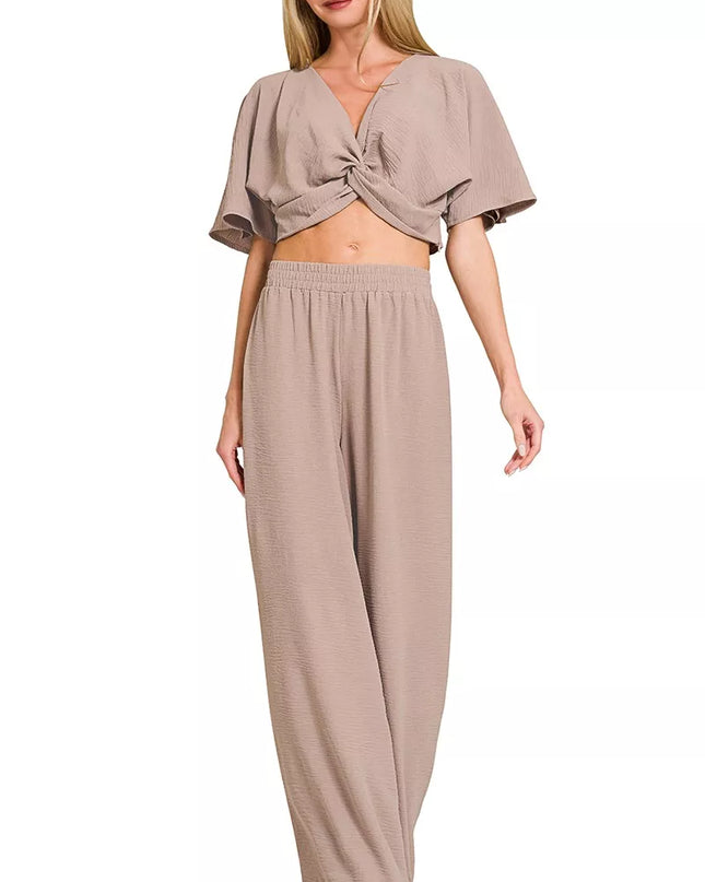 Zenana Woven Airflow Twisted Top & Wide Leg Pants Set - Sleekdenim.com