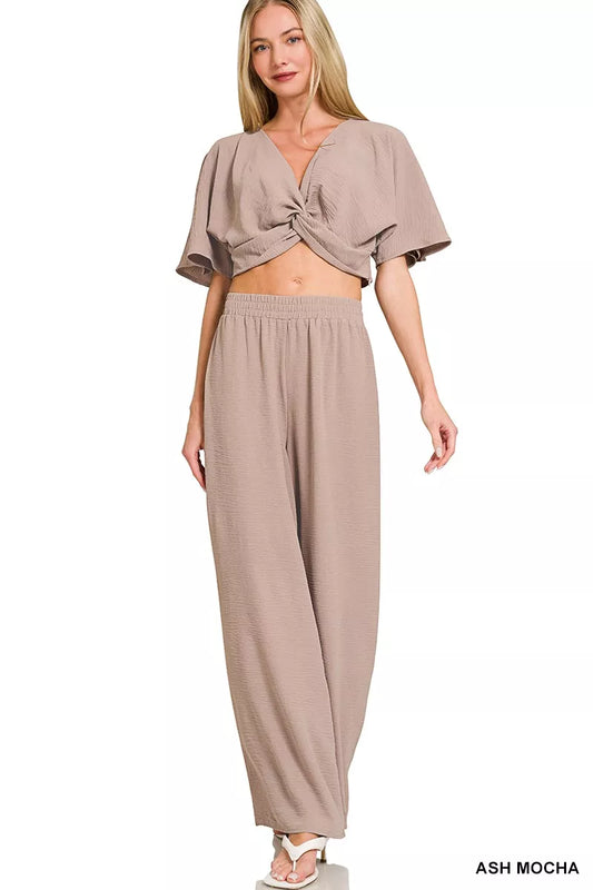 Zenana Woven Airflow Twisted Top & Wide Leg Pants Set - Sleekdenim.com
