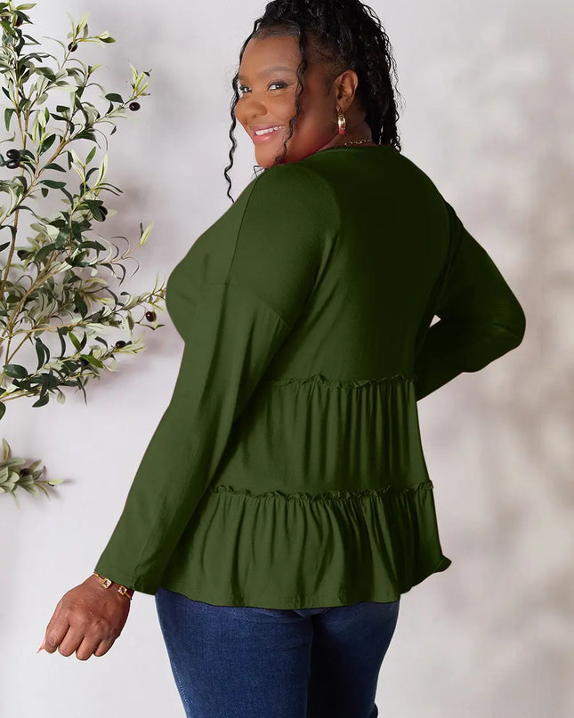 Double Take Half Button Long Sleeve Ruffle Hem Blouse - Sleekdenim.com