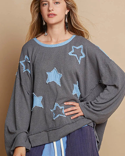 POL Exposed Seam Relaxed Fit Sweater with Star Denim Patch - Sleekdenim.com