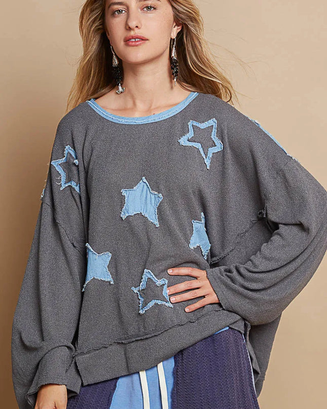 POL Exposed Seam Relaxed Fit Sweater with Star Denim Patch - Sleekdenim.com