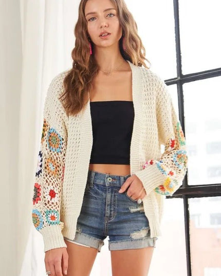 ADORA Full Size Contrast Crochet Open Front Long Sleeve Cardigan - Sleekdenim.com