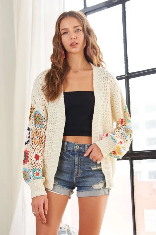 ADORA Full Size Contrast Crochet Open Front Long Sleeve Cardigan - Sleekdenim.com