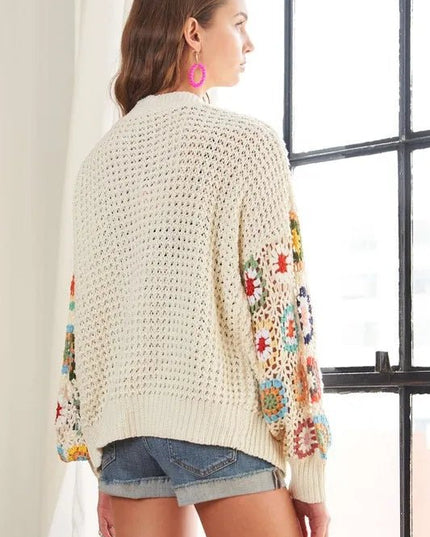 ADORA Full Size Contrast Crochet Open Front Long Sleeve Cardigan - Sleekdenim.com