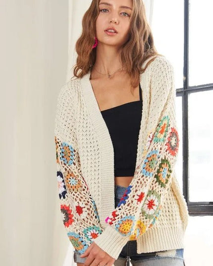 ADORA Full Size Contrast Crochet Open Front Long Sleeve Cardigan - Sleekdenim.com