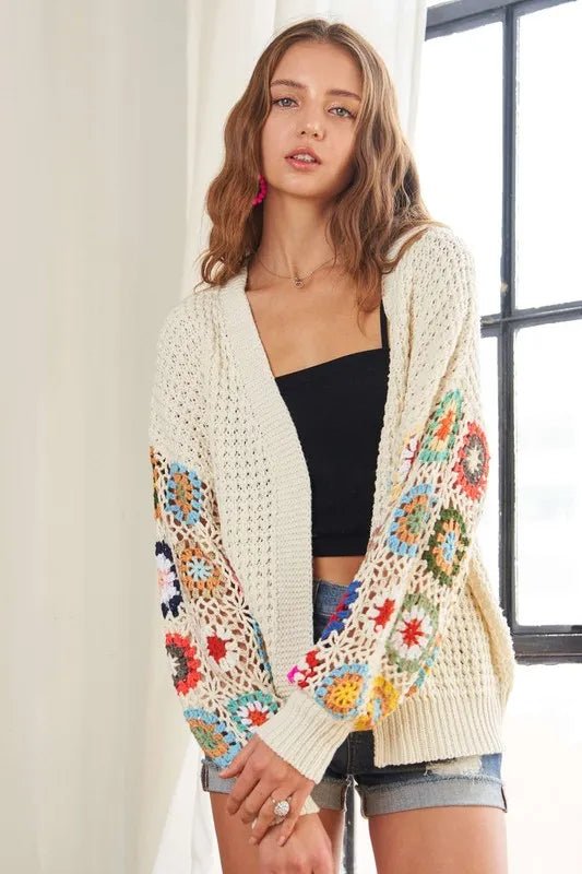 ADORA Full Size Contrast Crochet Open Front Long Sleeve Cardigan - Sleekdenim.com