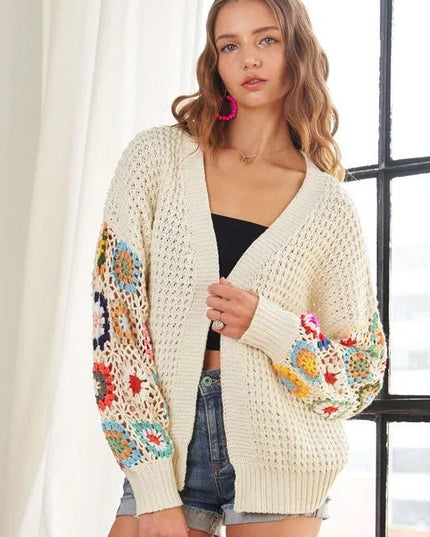 ADORA Full Size Contrast Crochet Open Front Long Sleeve Cardigan - Sleekdenim.com