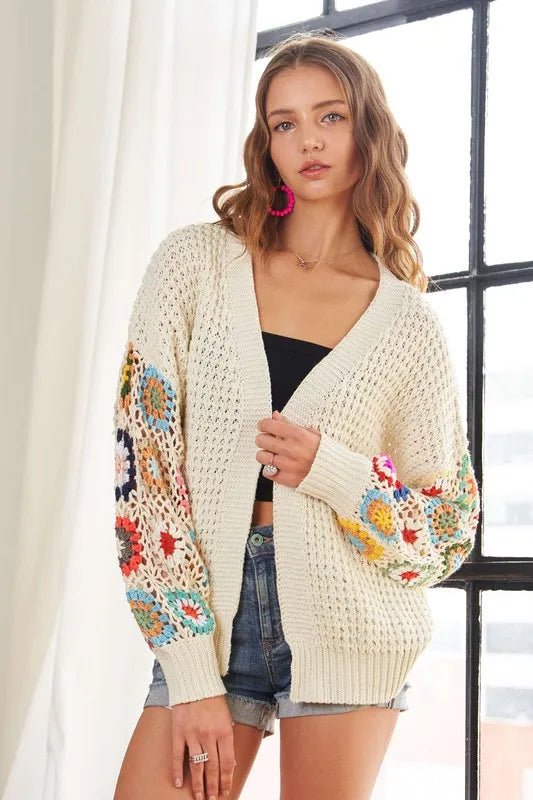 ADORA Full Size Contrast Crochet Open Front Long Sleeve Cardigan - Sleekdenim.com