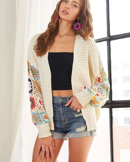 ADORA Full Size Contrast Crochet Open Front Long Sleeve Cardigan - Sleekdenim.com