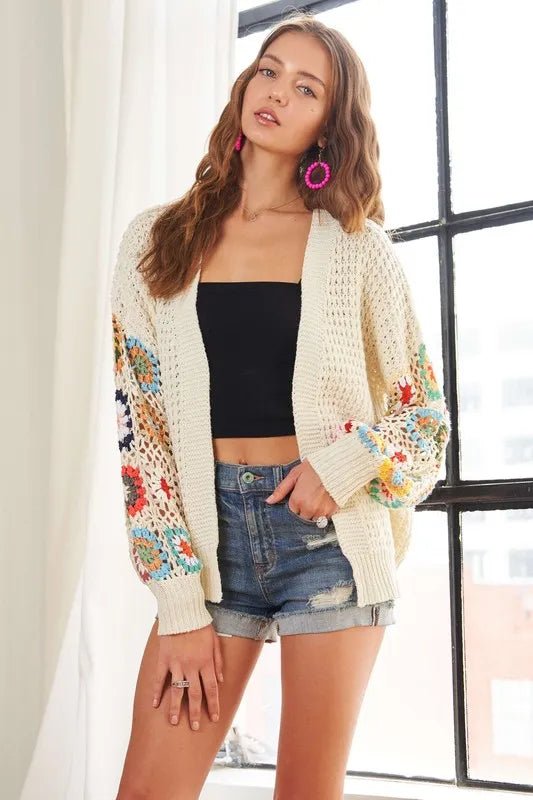 ADORA Full Size Contrast Crochet Open Front Long Sleeve Cardigan - Sleekdenim.com