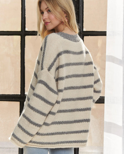 ADORA Horizontally Striped Button Up Cardigan - Sleekdenim.com