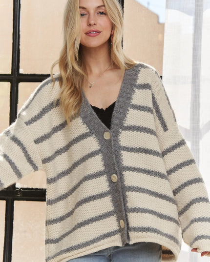 ADORA Horizontally Striped Button Up Cardigan - Sleekdenim.com