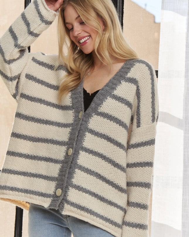 ADORA Horizontally Striped Button Up Cardigan - Sleekdenim.com