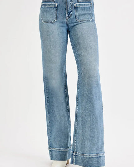 RISEN Full Size High Rise Wide Flare Patch Pocket Jeans Plus Size - Sleekdenim.com