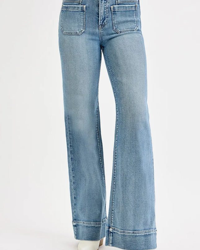 RISEN Full Size High Rise Wide Flare Patch Pocket Jeans Plus Size - Sleekdenim.com