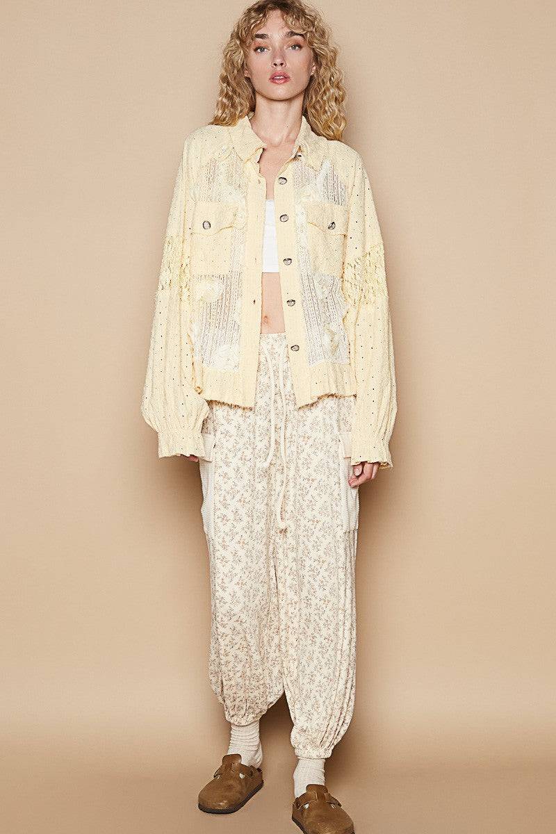 POL Eyelet Flower Pearl Detail Lace Patchwork Shirt | Sleekdenim.com